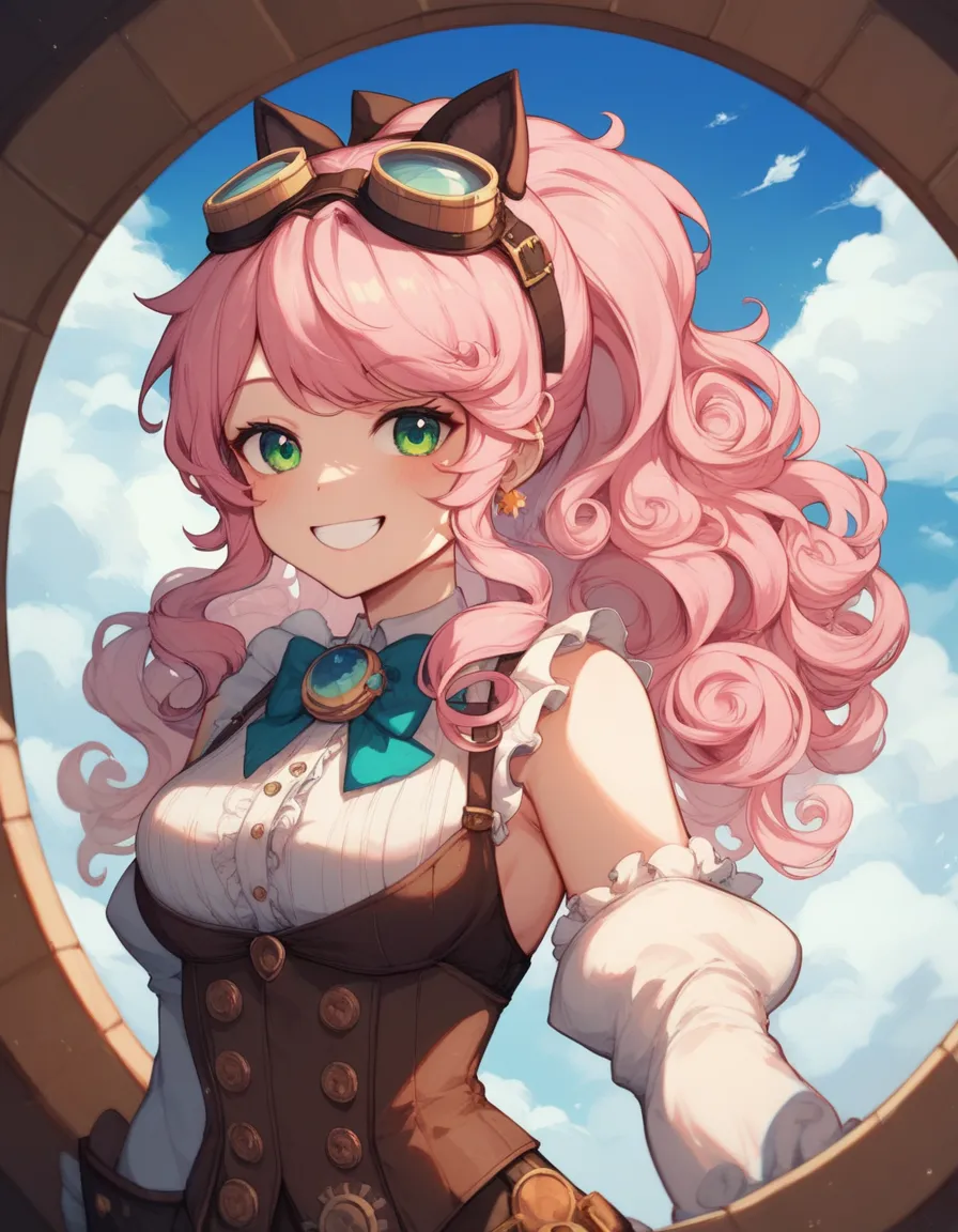 highest quality。masterpiece。detailed details full body 。one woman。 pink hair long curly hair ponytail 。 green eyes. cute steampunk cowgirl outfit 。vtuber style . goggles on head. Cheerful smile. The background is a western style town, dusty wind, blue sky ...