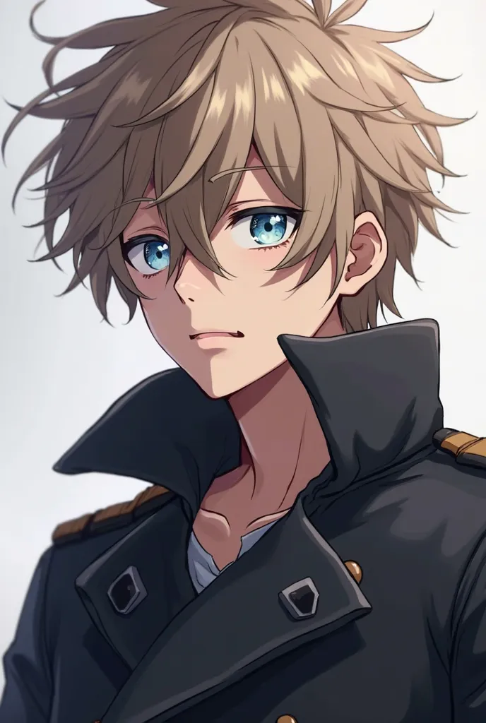 A male anime-style character in his mid-20s , with messy and voluminous light brown hair,  bright light blue eyes , and soft features . He wears a dark futuristic trench coat with minimalist details. Expression of Fear Solo Leveling style animation
