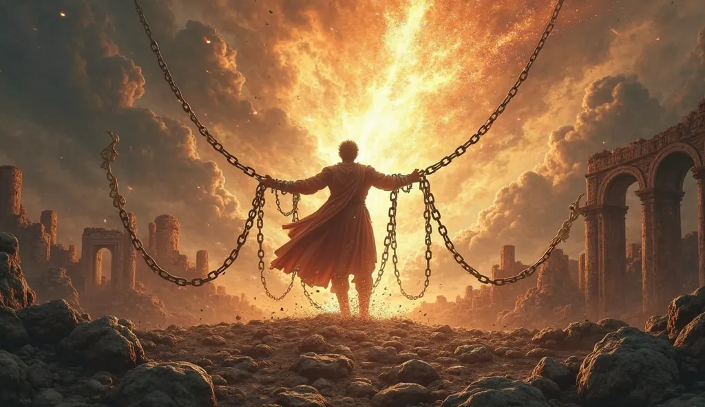 "Illustrate a powerful historical scene depicting a heroic figure breaking free from heavy, ornate chains in a dramatic medieval landscape. Ethereal beams of light burst through turbulent, dark skies, symbolizing the shattering of limiting beliefs. In the ...