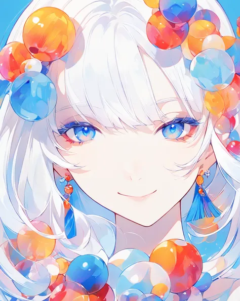 minimalist，fashion girl，white hair，blue background，Wearing special earrings，Bohemian style，Defined eyelashes，Full bright blue eyes，Clean and transparent eyes，close up，Portrait facing camera，Smile flat illustration，Geometry，clean，japanese manga