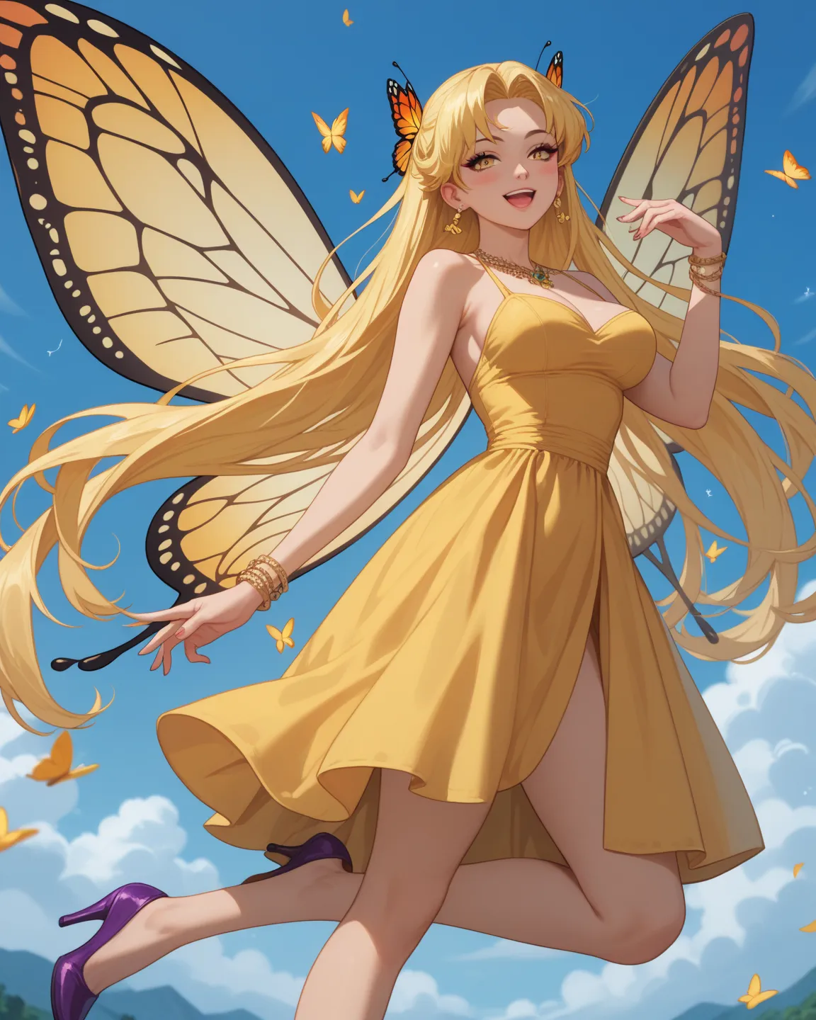 Anime girl with butterfly wings ,she have yellow eyes ,yellow hair ,she have on a yellow dress, purple heels, she's in the sky High Resolution, Accurate, Detail, High Quality, Very Long Hair, Breasts, Blush, Makeup, Happy, Jewelry, Image Fill,  Anime Style...