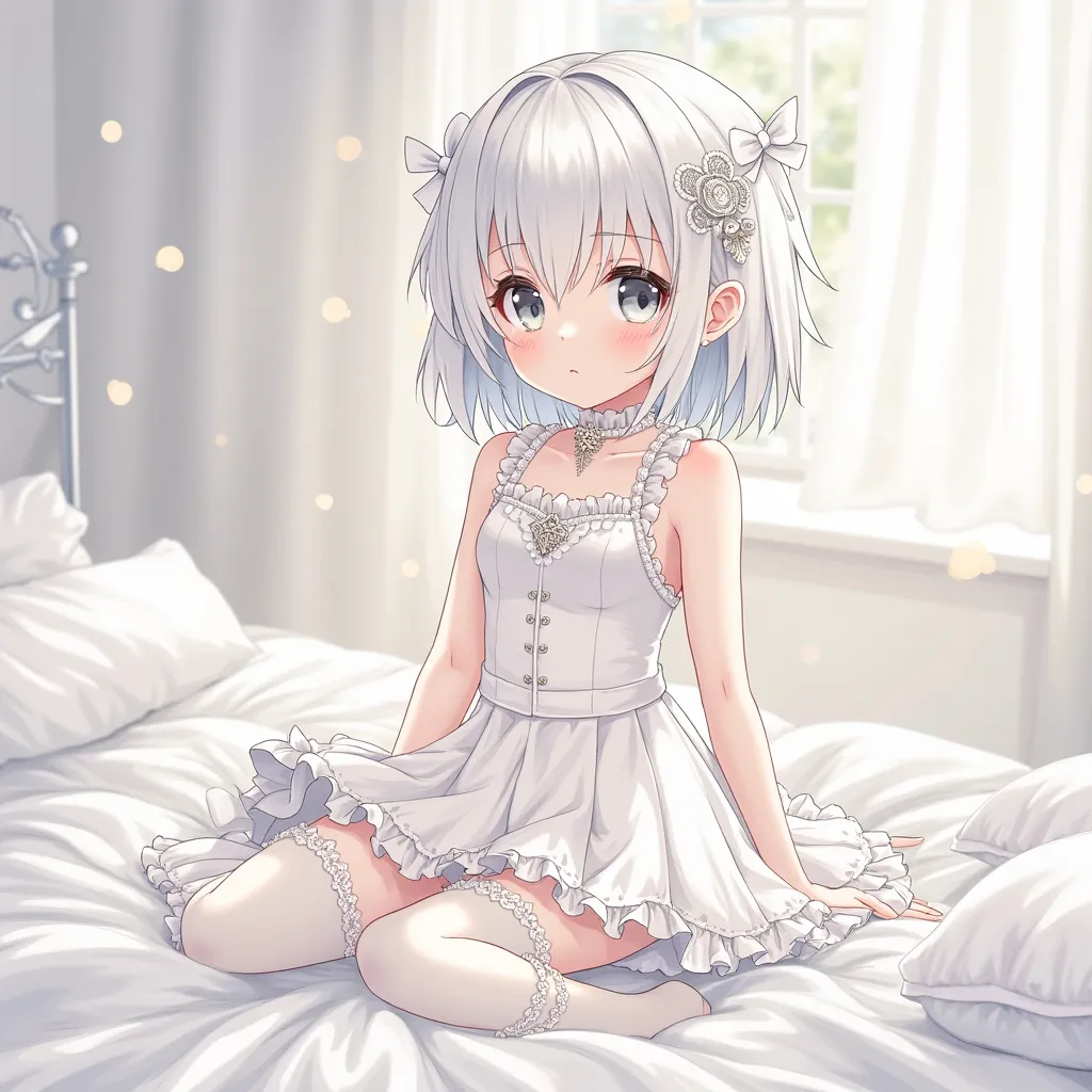 Character A little loli age, white hair, gray eyes, skin extremely pale as white as paper ( color #ffffff).

Clothing: White thigh-highs, pretty short sleeveless dress with intricate extremely detailed white accessories, a couple of white bows, white lines...