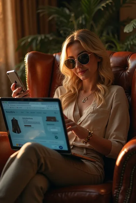 6 ️ ISTER Cinematic frame of a blonde Latin woman wearing sunglasses, sitting in a luxurious leather armchair, with her laptop in her lap showing a screen with her last import order. She holds a cell phone with an expression of satisfaction, while open pac...