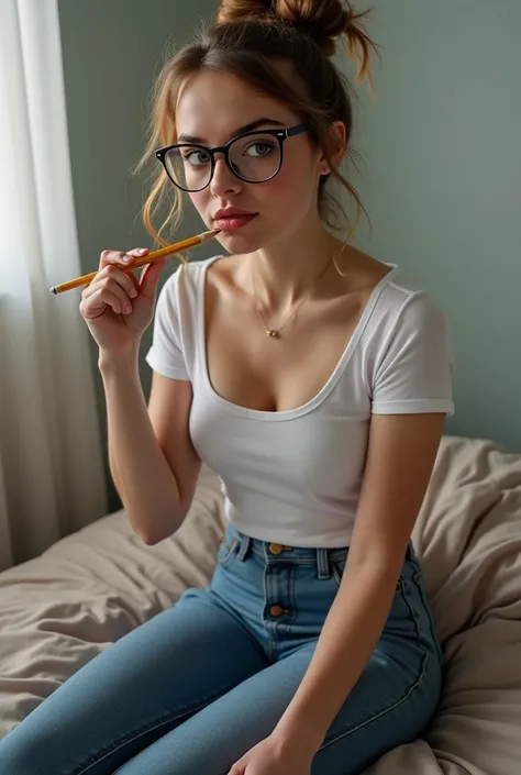 hello!
I need you to create:
A 22-year-old Russian girl, blue eyes, Slavic-style lips, medium tits,  thin waist,  big hip. She must wear clothes. thin nose. She has to be in a realistic room, sitting on your bed, with her feet on the ground , wearing teach...