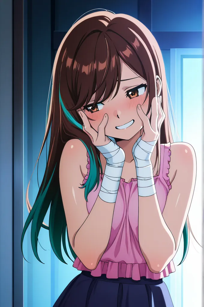 masterpiece, best quality, amazing quality, hands on own face, teeth, embarrassed expression, smile, looking away, brown eyes, bandaged hands, covering own torso, very long brown hair with teal highlights, dark blue skirt, pink frilled tank top, long swept...