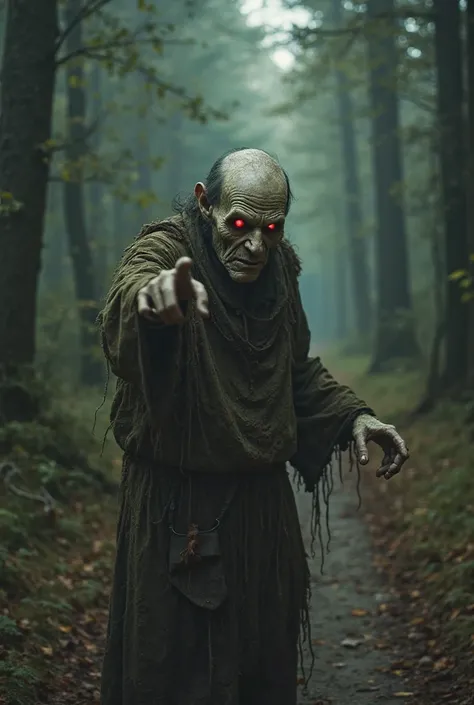 An old man with a wrinkled, ghostly pale face and piercing red eyes stands in the middle of the forest path. His ragged clothes are torn and dirty, and his long, bony fingers point toward the viewer. His expression is a mix of warning and menace. A faint u...