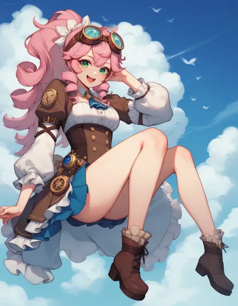 highest quality。masterpiece。detailed details full body 。one woman。 pink hair long curly hair ponytail 。 green eyes. cute steampunk cowgirl outfit 。vtuber style . goggles on head. Cheerful smile. The background is a western style town, dusty wind, blue sky ...