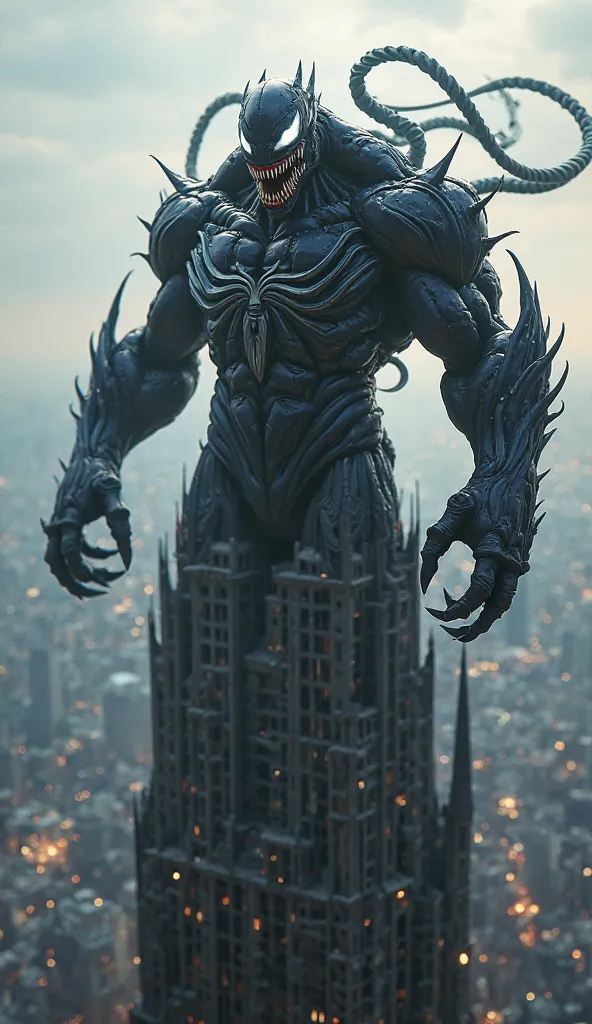 Create the character Venom on top of a very tall building