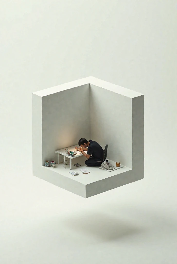 A room with a view from above, has 1 person working, full view, room without walls, only floor, miniature room