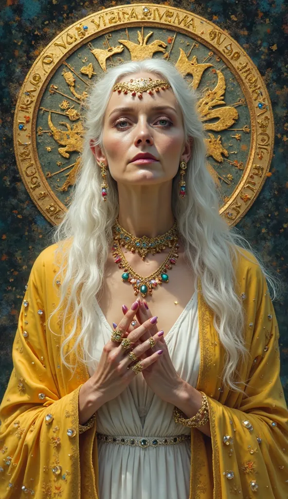 " A captivating depiction of a seer  HD , 70  years old she is dress color white and yellow,    exuding an air of mystery and Christian ball  wisdom   .    She has penetrating eyes that seem to see beyond  on the shoulders  .    She   ornate shawl   ,    j...