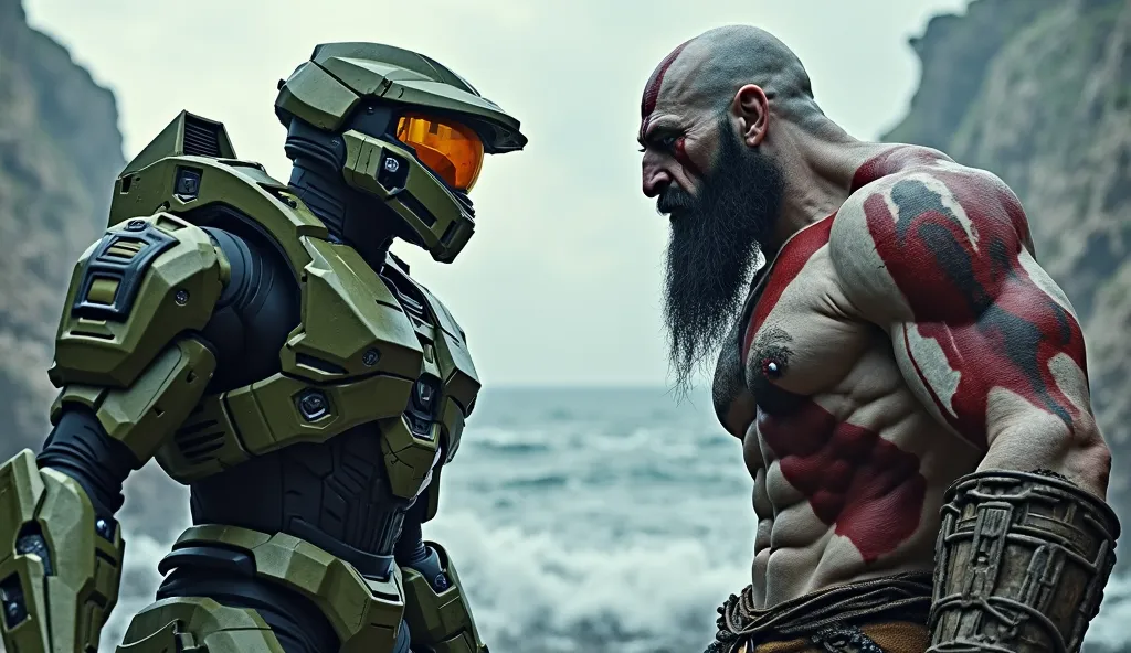 Master Chief from Halo, standing against Kratos from God Of War