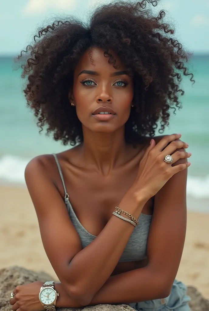 Afro Latina woman with blue eyes wearing a Rolex in her hand posing on a rock at the beach 