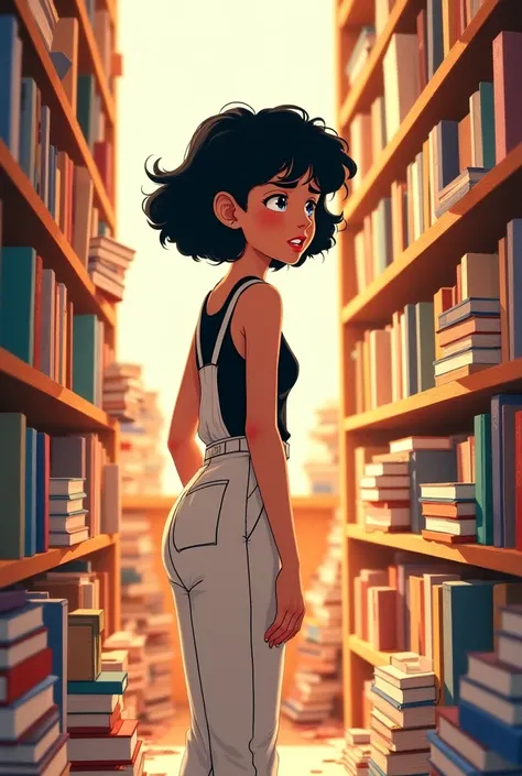 A young woman named Lua with short, curly black hair, wearing a black tank top with white overalls, walks through a bookstore for the third time. She looks at each book attentively, her expression calm but slightly irritated. The books on the shelves are m...