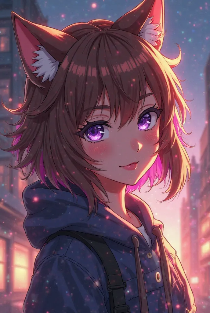 I need you to make an animated character that looks like something out of the universe of Boku no Hero Academia is an 18-year-old girl with brown hair with light reflections, mesmerizing violet eyes and Sucury is about cats she can control cats or felines