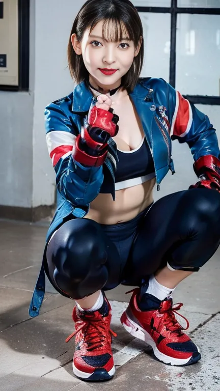 masterpiece, best quality, Hi-Res, 1 girl, cammy cosplay,  short hair, antenna hair, Blue Eyes, Scar on cheek,  soft big breasts, black chokers, clavicle, blue jacket , cropped jacket, open jacket, sports bra,  fingerless gloves ,  black gloves,  black pan...