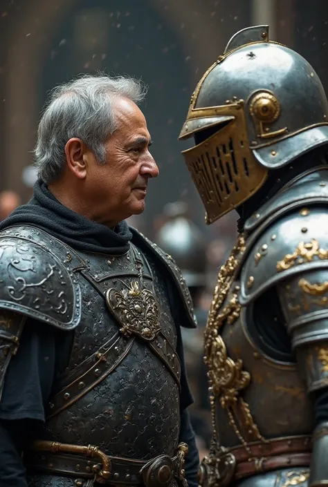 "A dramatic scene showing two warriors preparing for battle, one of whom is Imran Khan wearing distinctive medieval-style armor. One is Netanyahu wearing black, rugged metal armor with intricate carvings, while the other wears a lighter, more refined steel...