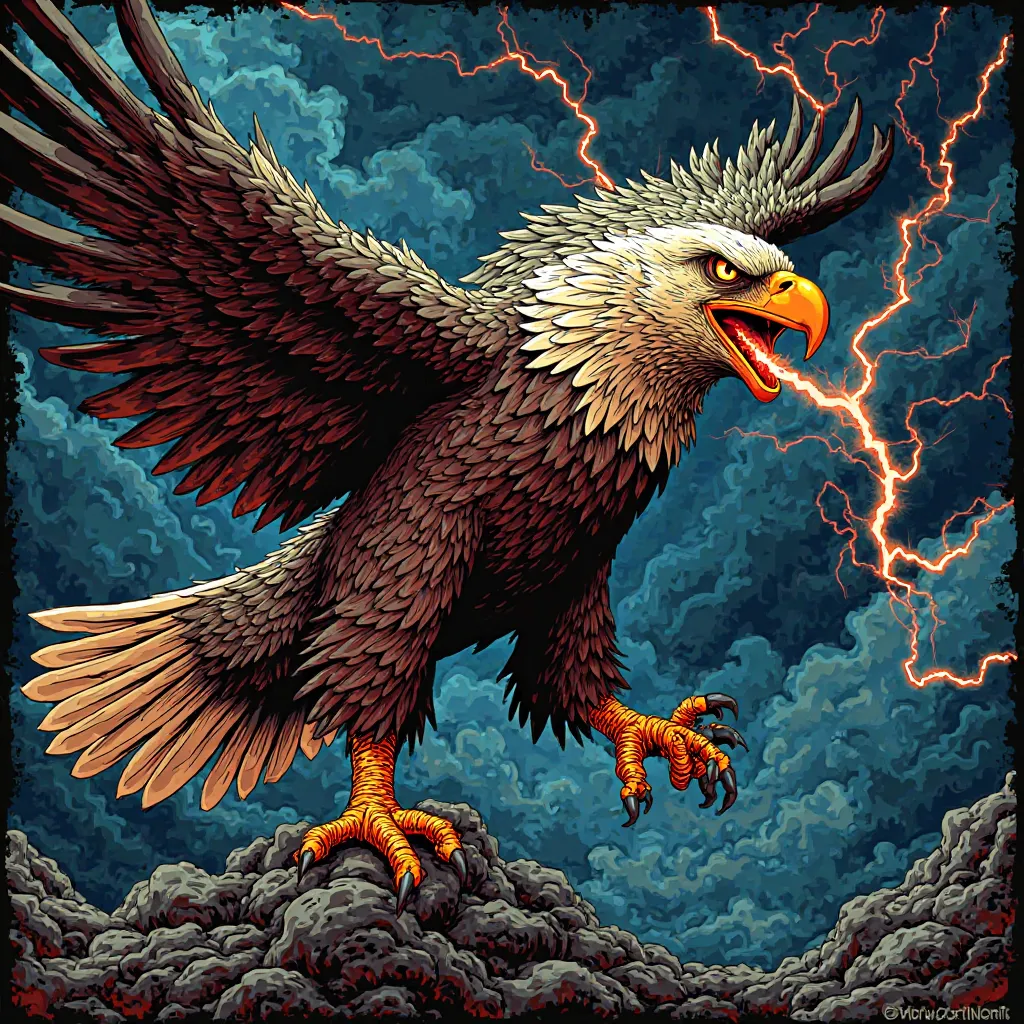 NFT 3d woodcut colored eagle 
Wild creepy full body 
 Angry giant shooting lightning through the mouth flashy