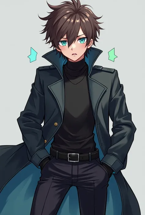 A male anime-style character, with messy and bulky brown hair,  bright light blue eyes , and soft features . He wears a dark futuristic trench coat with minimalist details, Fleeing with a frightened face.  solo leveling style clothing 
