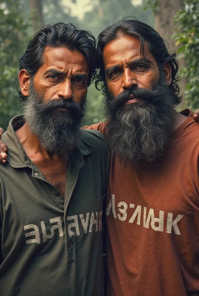 Generate two bearded man with SHIVRAJ and KASHINATH written on their shirt