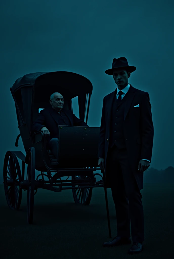 In a background like nightfall, something dark: a carriage, an old man, the chauffeur and a tall young English man with a hat and a cane next to him.