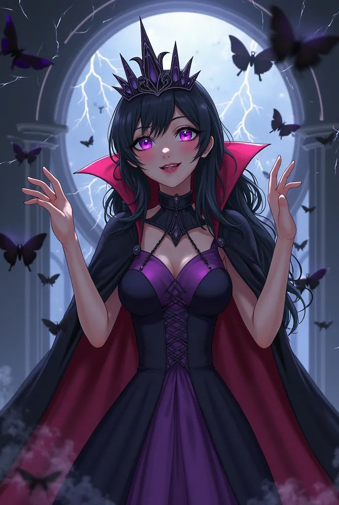 Beautiful Anime Girl with black hair and purple eyes. Dressed as an evil queen in Snow White. She is wearing a purple dress and a black and red vampire cape with a high collar and a crown. She is in her dark lair of her castle raising her hands to the pano...