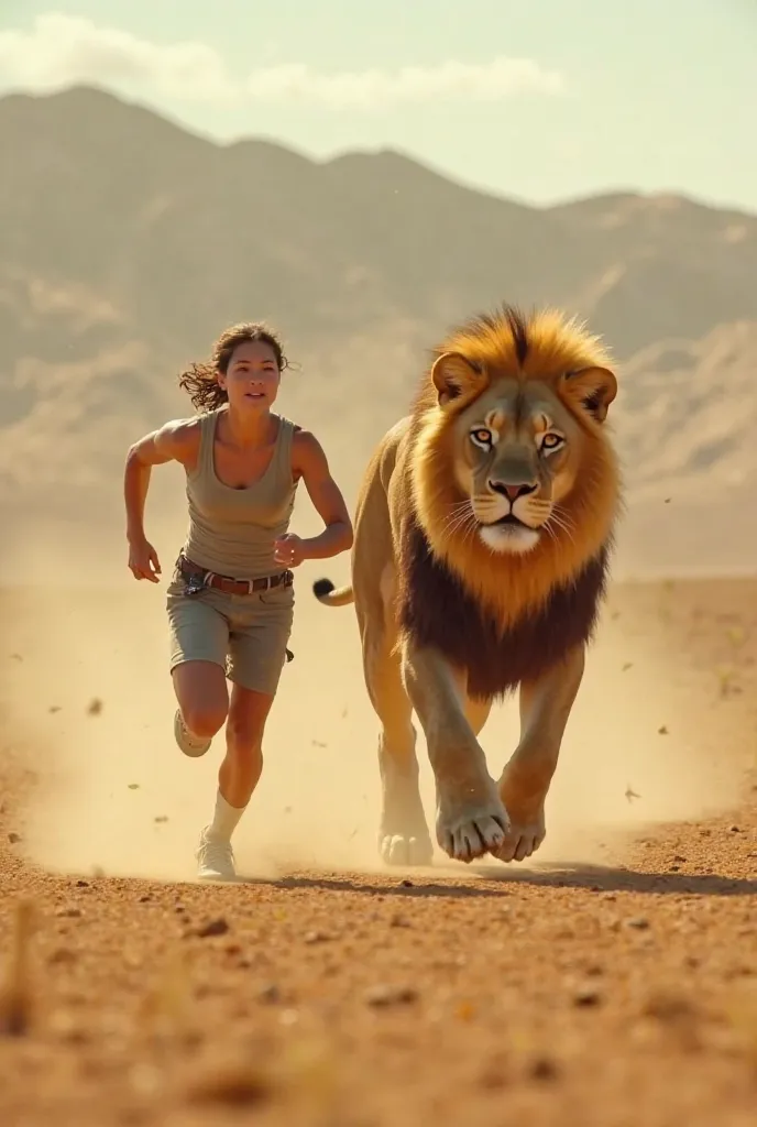 Person running and a lion accompanying