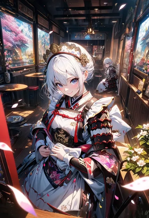 ((European woman, samurai, samurai cafe, cafe interior, maid clerk wearing Japanese armor, waitress in white armor, smiling))), ((High resolution, ultra high resolution, (1 girl:1.3), kaleidoscopic imagery, symmetrical patterns, vibrant colors, geometric s...