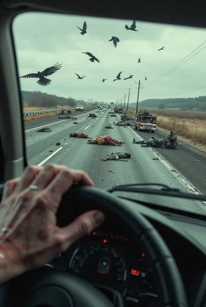 The image presents a first-person view of a zombie inside a vehicle, with its pale and decayed hands appearing in the foreground. The road ahead is covered in debris, overturned cars, and several bodies lying on the asphalt. The scene is desolate, surround...