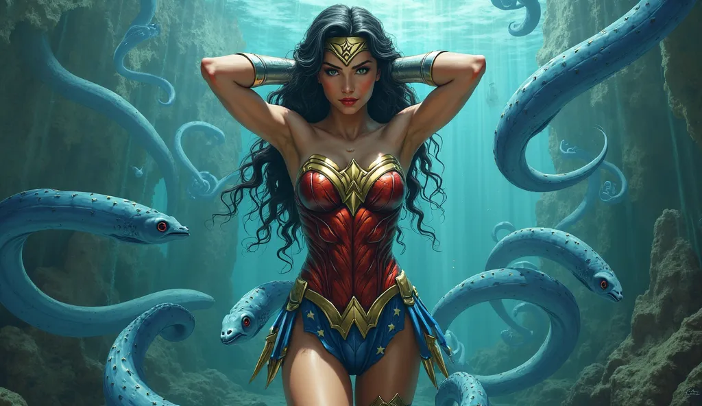 masterpiece, high image quality, １Wonder Woman has a beautiful face、 Accurate Wonder Woman costume and boots、 Accurate Wonder Woman costume and boots、In a large aquarium、There are countless eels swimming in the water、Wonder Woman's hands are crossed behind...