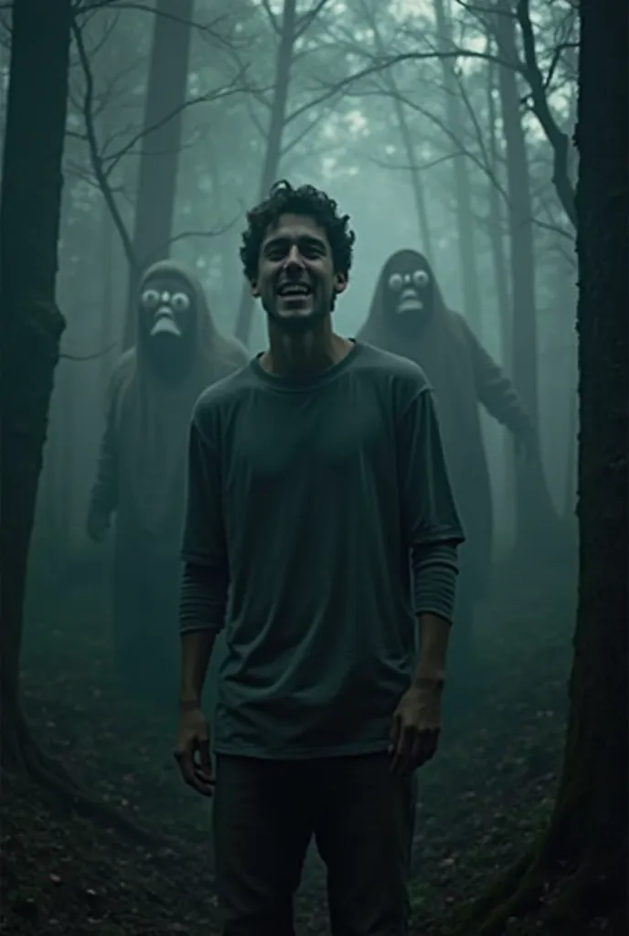 A dark, supernatural atmosphere fills the forest as multiple ghostly figures emerge from the mist, their mouths open in a wide, eerie grin. The young man is fading into the darkness, his face contorted in fear. The air is filled with an otherworldly, echoi...