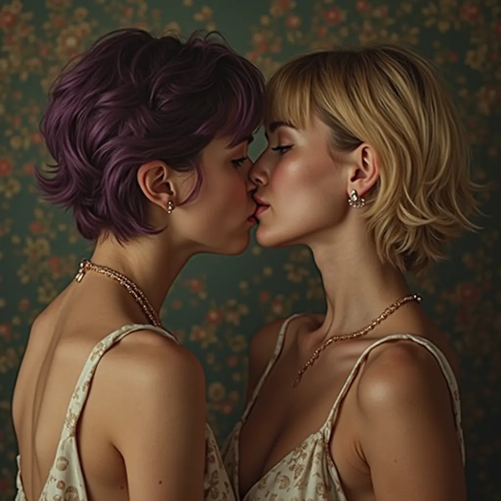 Two lesbians woman, looks like real People, debout sur leurs pieds, Guillermo del toro movies univers,  cheveux courts , purple Brown or blonde hair, bijoux, collier, encolure de poitrine, looks like real People and persones, baiser dans le cou, hyperréali...