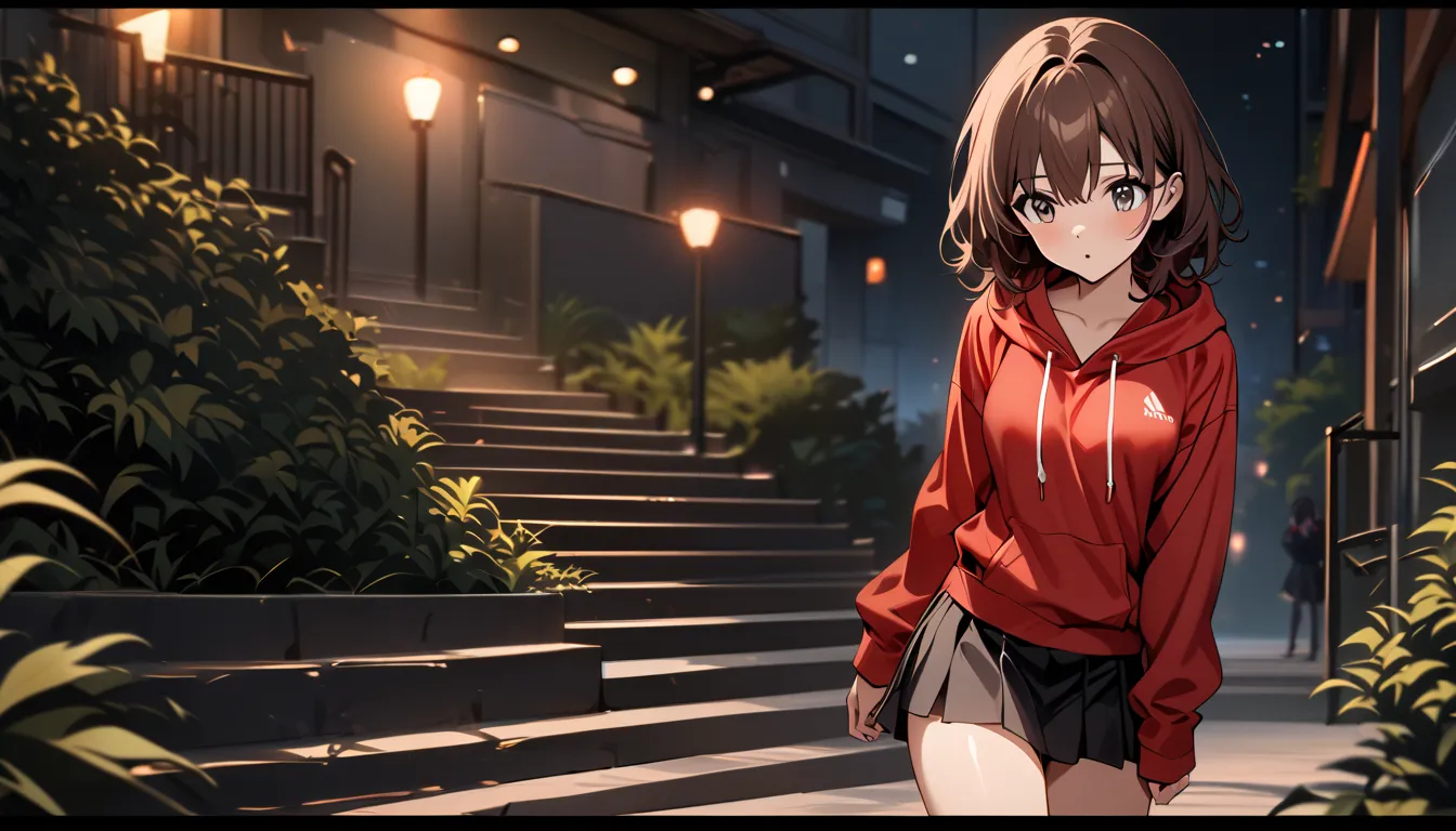 masterpiece, 1 young girl of 18 years old, lentes, short hair, wavy hair,  dark brown hair , breasts a little big,  thighs, red and white hoodie ,  short skirts, black skirt, thinking, with her mouth open,  walking down stairs in a park,  at night, high qu...