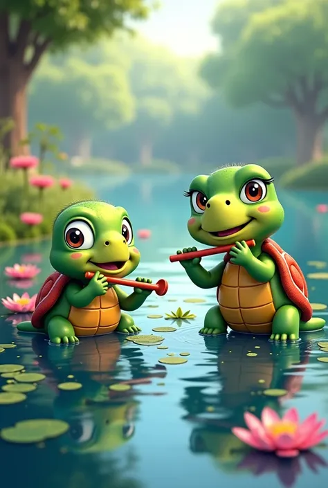 Happy cartoon turtles playing a flute on the shore of a pond 