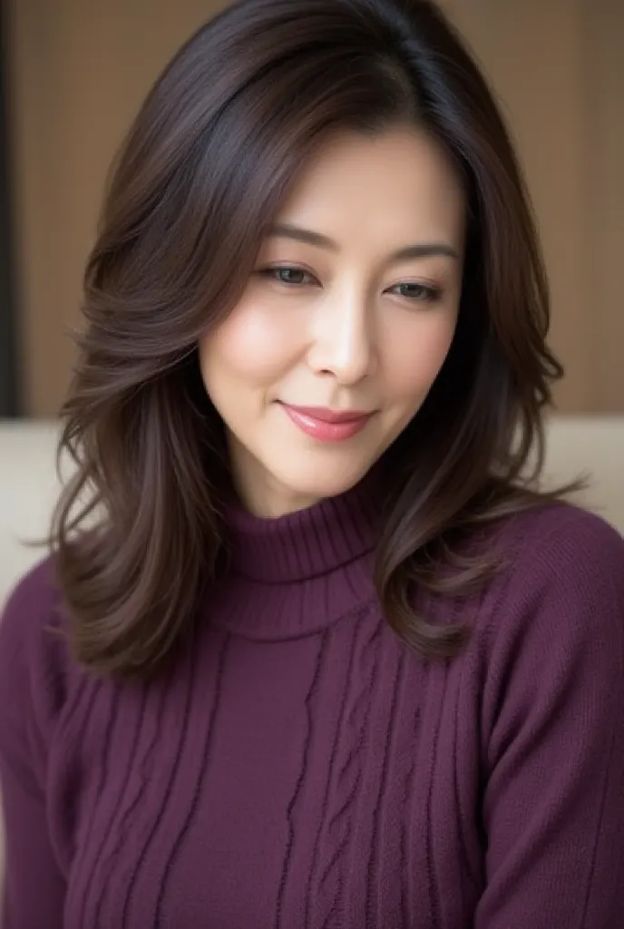 "A hyper-realistic, ultra high-resolution close-up portrait of a mature Japanese woman (46 years old). She has smooth, shoulder-length hair styled naturally with soft, flowing layers. Her expression is calm and serene as she gazes downward, with delicate f...