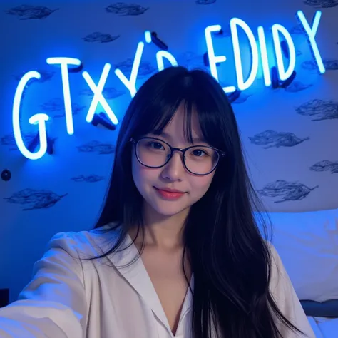 Amateur,  on her creative text ,  a large blue neon light read  "GTXeddy" . a first-person perspective of a woman taking a selfie for Instagram ,  against a wall with a wave pattern  ,  without makeup,  a slight smile with a slightly open mouth, She has lo...