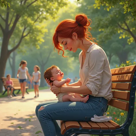 POV a mother with red hair changing a diaper in a public park