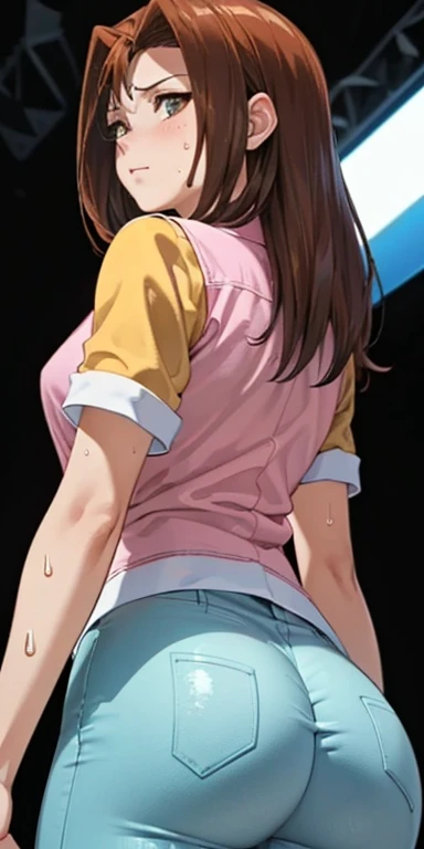       1 female,  high definition,  High resolution,            ultra-realistic            ,8K,serenidaddm      ,       gray eyes,  long hair,   brown hair,             pink shirt      , blue pants,European,sexy,  close up of the upper body ,        photogr...