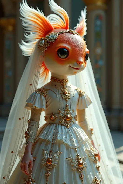 generate images of elegant character of (goldfish head) zany scarecrow with a fantasy theme,(art by Giuseppe Arcimboldo),(fantastic atmosphere), (little smile), highly intricate gothic style white long dress with white veil, elegant, and visually striking,...