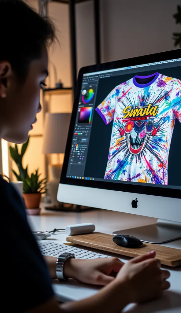 Close-up of a person creating a design on a computer screen, selecting vibrant graphics and colors for a personalized sports t-shirt.