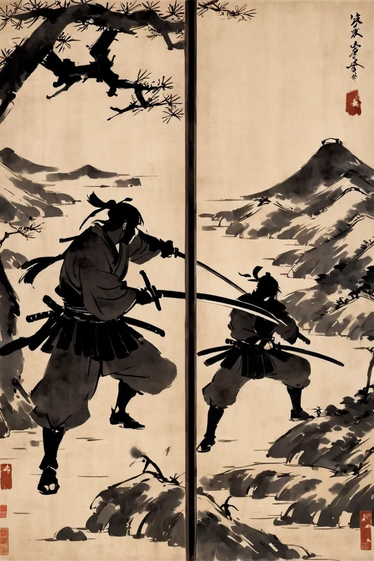  ink painting、(draw a silhouette of one ninja and one samurai fighting with a sword on the shoji:1.3)、Draw on 2 closed shoji、Silhouette only、Blood splashes on the samurai side、The sword is one、accurate human body type based on anatomy、chineseLandscapepaint...