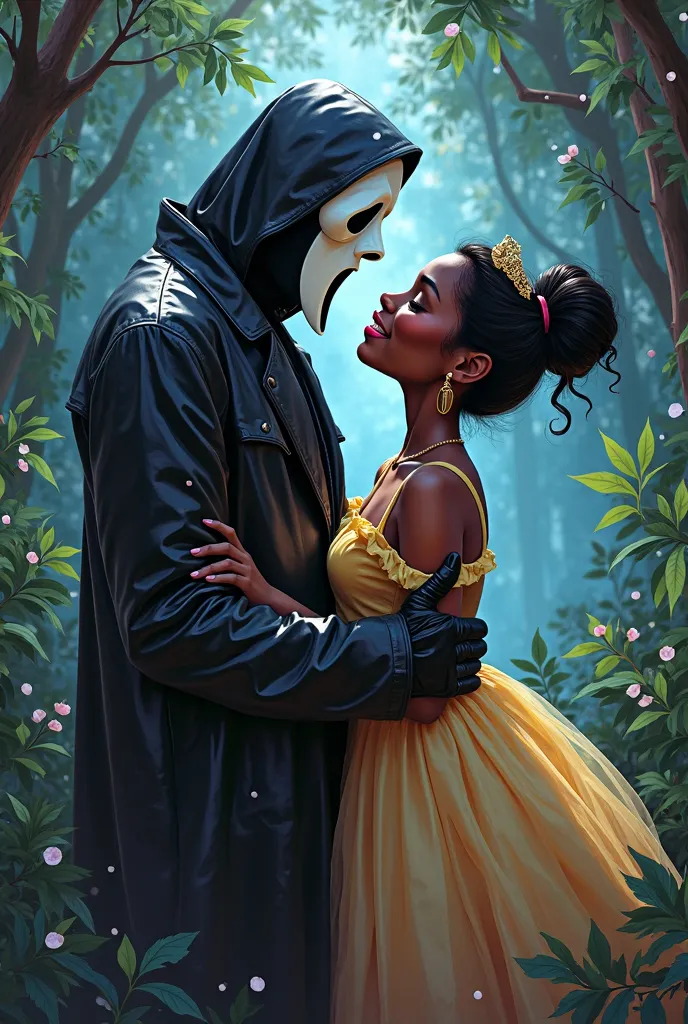 Ghostface from the horror movie scream wearing black leather jacket black gloves black leather pants meets Tiana Rogers from the Disney movie princess and the frog kissing cartoon 