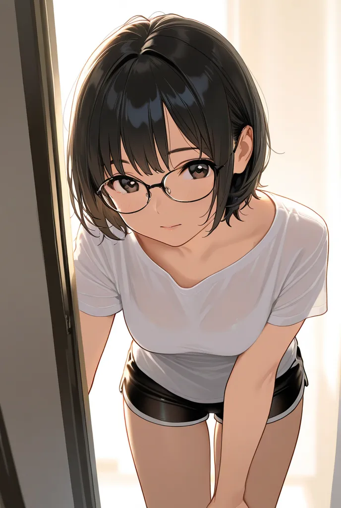 1girl, glasses, short hair, black hair, loose shirt, tight shorts