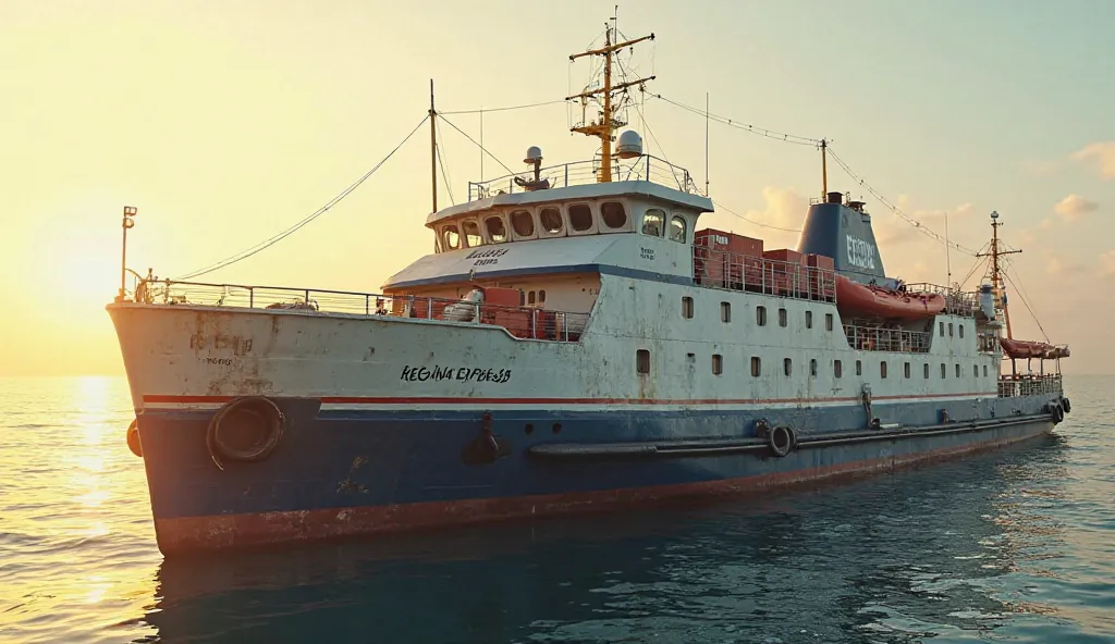 Generates a photorealistic, high-resolution image of the 1980 'Regina Express', a cargo and passenger vessel operating in the Caribbean, with a vintage style from the 80s. The ship has a high and rounded bow, an aged blue-gray hull and a white superstructu...