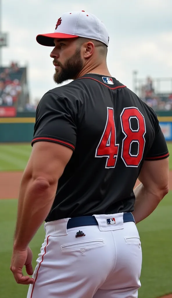   realistic photography  , 35 years old (((Athletic Man Handsome))) , , seen from below, nalgon  in the profile  ,  red very tight military black shirt with number and white jeans,  blue belt ,  in the profile  ,  big ass, viendo a cámara,    black eyes, a...