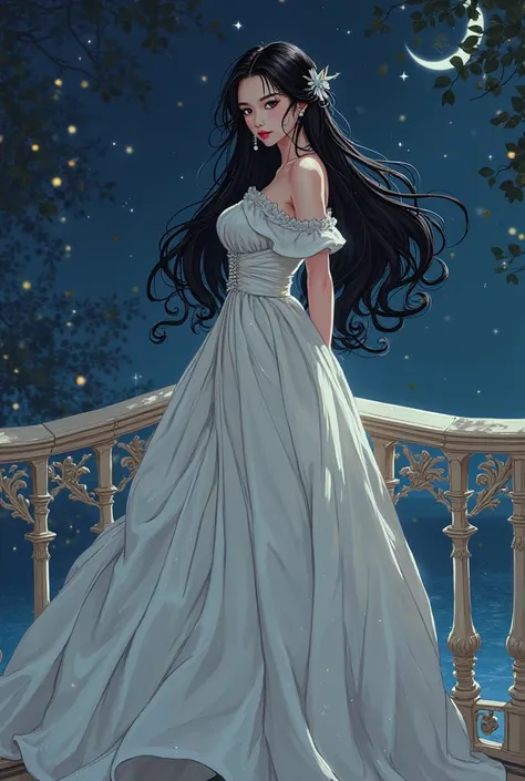 A Manhwa-like female character with very dark black hair, His face is very attractive and at the same time rude and that he is looking adrift on a Rococo balcony , That the character wears a very, very large white dress , Let it be night  