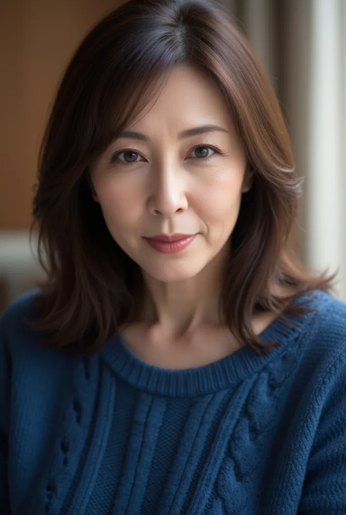 A hyper-realistic, ultra high-resolution close-up portrait of a mature Japanese woman (46 years old). She has smooth, shoulder-length hair styled naturally with soft, flowing layers. Her expression is calm and serene as she gazes downward, with delicate fi...