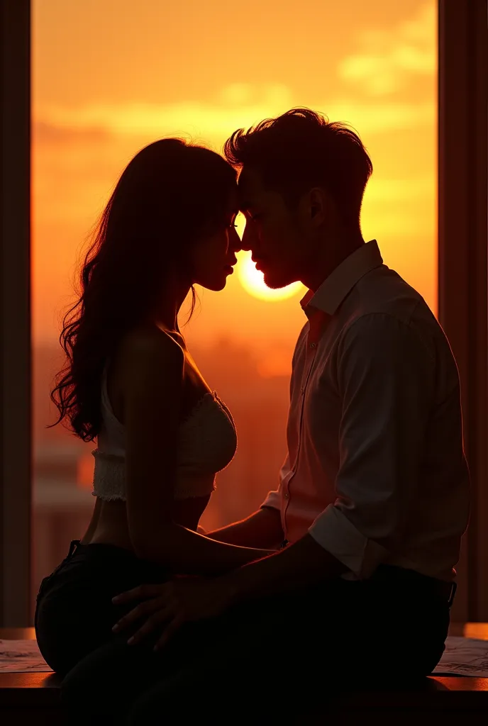 Fiction Cover High Definition Hot Colours Forbidden Love Silhouette Big breasted Korean woman sitting on the lap of a handsome Thai man hugging each other in office, construction office with construction plans behind