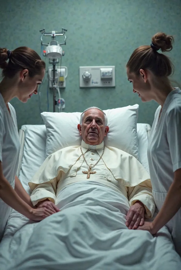 Photo of the Pope in a hospital bed under the care of nurses 