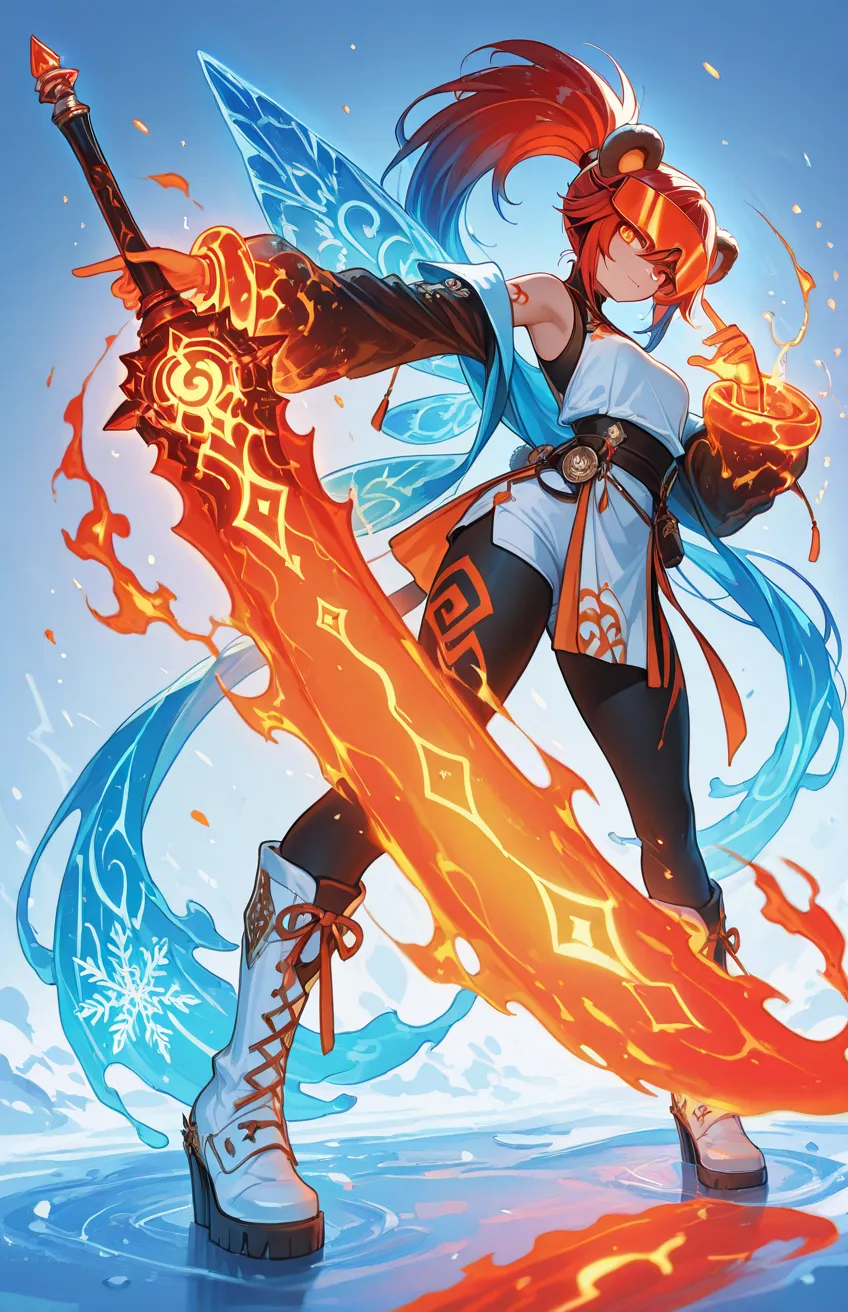 Create an anime-style digital artwork featuring twin characters, designed as bear-like humanoid figures symbolizing opposing elemental forces: fire and ice. The first character, representing fire, is a female with a fierce yet elegant demeanor. She has sho...