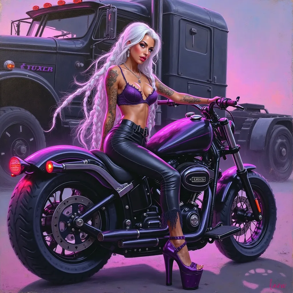 Oil painting of a woman with very beautiful and sensual Ukrainian features with very long white and neon purple braids, detailed tattoos fat lips blue eyes big chest small waist round and bouncing buttocks good guy wears a purple lace top, frayed black pan...